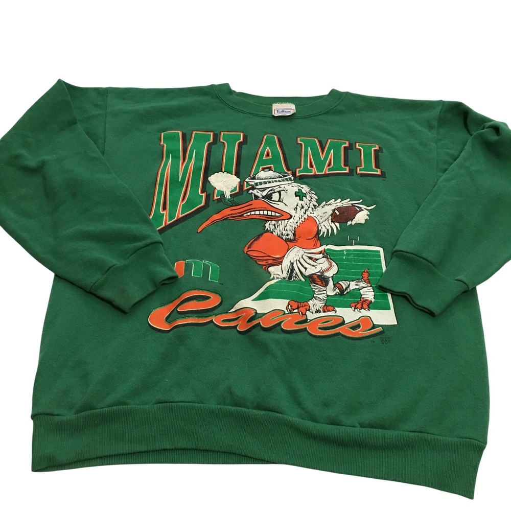 Vintage Miami Hurricanes Sweatshirt Large Green Tultex Sebastian the Ibis
